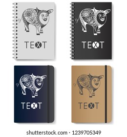 Decorative earth pig, symbol of 2019. Template for advertising, branding and corporate identity. Realistic notepad (diary) with New Year's design. Vector illustration.