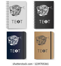 Decorative earth pig, symbol of 2019. Template for advertising, branding and corporate identity. Realistic notepad (diary) with New Year's design. Vector illustration.