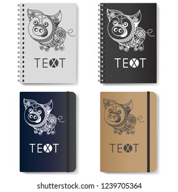 Decorative earth pig, symbol of 2019. Template for advertising, branding and corporate identity. Realistic notepad (diary) with New Year's design. Vector illustration.