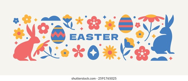 Decorative easter background with egg, plant, flower, and bunny.