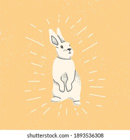 Decorative Easter bunny. Cute white hare on a yellow background. Vector hand drawing illustration for design, postcard, stickers.