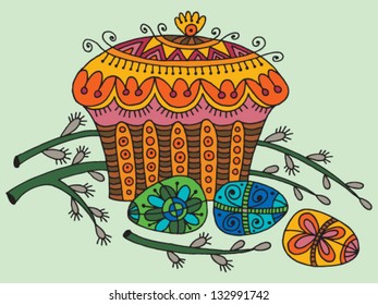 decorative easter cake and easter eggs with willow branches