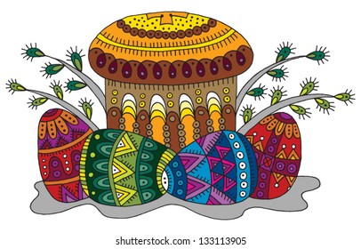 decorative easter cake and easter eggs with willow branches