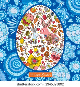 Decorative Easter card with Easter egg. Rabbits, flowers, chicken, chickens and polka dots.
