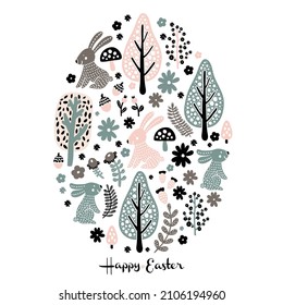 Decorative Easter card with Easter egg. Rabbits, flowers, chicken, chickens and polka dots.