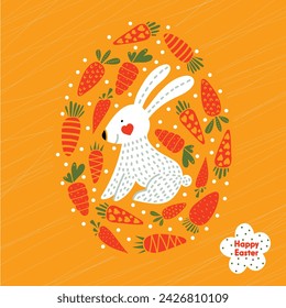 Decorative Easter card with Easter egg. Rabbits, flowers, chicken, chickens and polka dots.