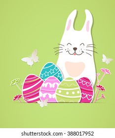 Decorative Easter card with rabbit and eggs on a green background. Vector illustration.