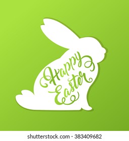 Decorative Easter card with rabbit and greeting inscription. Vector illustration.
