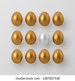 Decorative Easter concept. 3d metallic golden and white eggs on white background. Vector illustration.