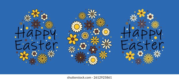 Decorative easter design with hand-drawn text Happy Easter, colorful daisies, and polka dot elements. Perfect for spring holiday invitations, social media, and festive design projects.