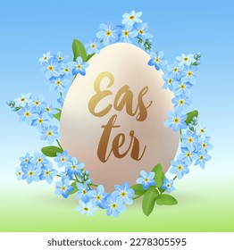 Huevo de Pascua decorativo y flores azules. Tarjeta de saludo para Pascua. Ilustración vectorial.
