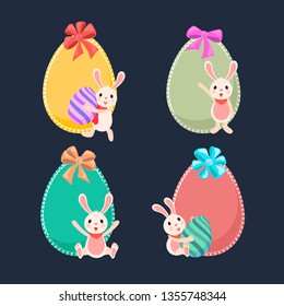 Decorative easter egg of bow tie and cartoon character of cute bunny on blue background for Easter Party Celebration banner or poster design.
