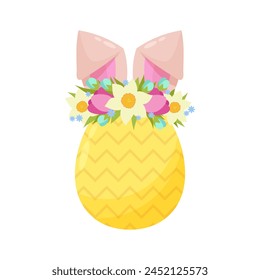 Decorative Easter egg with bunny ears. Floral wreath in flat style. Easter decor in flat style. Cartoon Easter bunny.