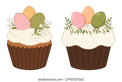 Decorative Easter Egg Cupcake with Pastel Topping and Flower for Bakery Marketing and Spring Holiday Celebration Graphic