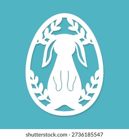 Decorative Easter egg frame with sitting rabbit and leafy branch cutout pattern for laser cutting.