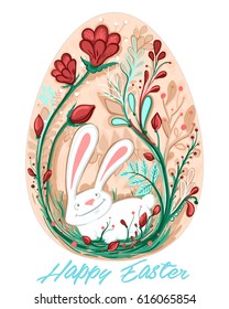 Decorative Easter egg greeting card with rabbit and red flowers