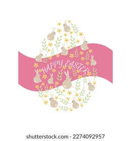 Decorative Easter egg made of rabbits, flowers and leaves. Vector illustration in cartoon style isolated on white background. Easter card.