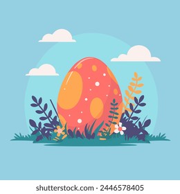 Decorative Easter egg on grass with blue background and clouds, vector illustration