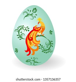 Decorative Easter egg. Ornate with a beautiful pattern with exotic colorful peacocks. Isolated Paschal egg, traditional gift for Happy Easter holiday. Vector illustration