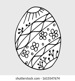 Decorative Easter egg. Vector illustration. Festive egg for decoration and coloring book. Vector illustration drawn in doodle style. Isolated on white.