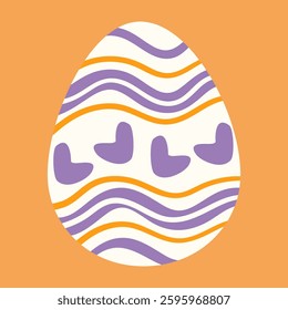 Decorative Easter egg with wavy orange and purple lines and heart like shapes. A festive and minimalist design, perfect for greeting cards, prints, and digital projects.