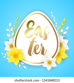 Decorative Easter egg with white and yellow narcissus flowers on a blue background. Vector illustration. Holiday greeting card.