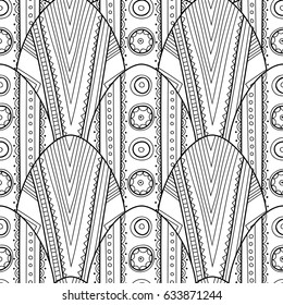 Decorative Easter eggs. Black and white seamless pattern coloring book.