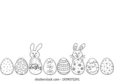 Decorative Easter eggs and cute rabbits. Template, bottom edging, border, decoration for greeting card, coloring page, invitation. Vector contour hand drawn doodle style