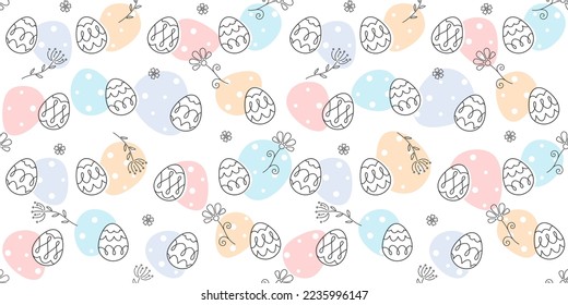 Decorative Easter eggs, flowers and inflorescences on a white background with multicolored spotted eggs. Festive endless texture. Vector seamless pattern for festive design and Easter wrapping paper