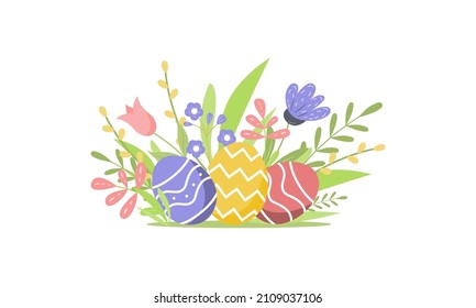Decorative Easter eggs with flowers and leaves isolated on white background. Vector element for design.