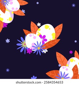 Decorative Easter eggs with flowers and leaves composition.Spring holiday design with decorated Easter eggs perfect for greeting cards,invitations,posters, and seasonal decorations.Vector illustration