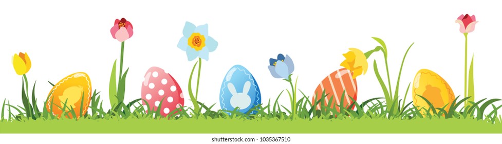 Decorative Easter Eggs On Green Grass, Vector Illustration