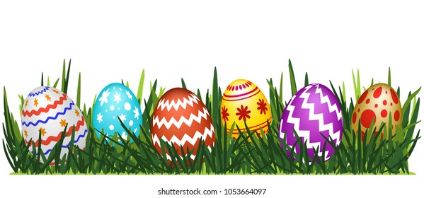 Decorative Easter eggs on green grass. Spring holiday. Vector illustration isolated on white background.
