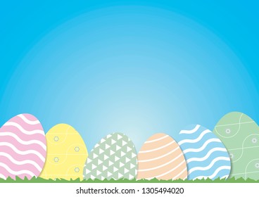 Decorative Easter eggs on green grass, with copy space - vector Illustration