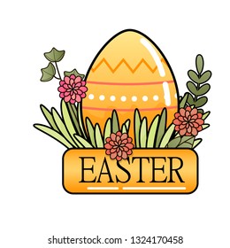 Decorative Easter eggs on green grass, flowers and leaves. Vector illustration