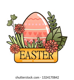Decorative Easter eggs on green grass, flowers. Vector illustration