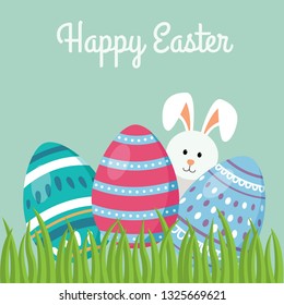 Decorative Easter eggs on green grass with a rabbit, vector illustration - Vector illustration