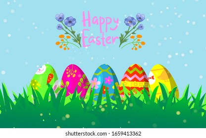 Decorative Easter eggs on green grass cartoon vector illustration. Happy easter background with spring grass, flowers and holiday colorful eggs.