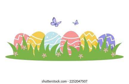 Decorative Easter eggs on green grass. Vector illustration.