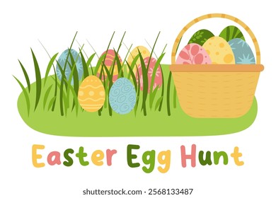 Decorative Easter eggs on green grass and basket, vector illustration. Easter Egg Hunt