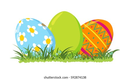 Decorative Easter eggs on green grass, vector illustration