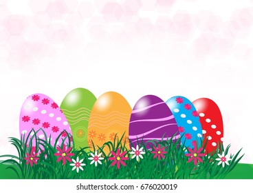 Decorative Easter eggs on green grass and white cloud, vector illustration