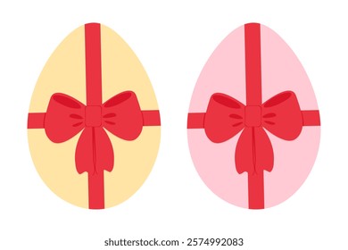 Decorative Easter Eggs with red ribbon bow painted yellow and pink. Easter greeting elements Set 2