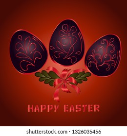decorative easter eggs with ribbon and branches and a happy easter signature on a dark bardo background