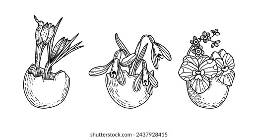 Decorative Easter eggs set with flowers, vector doodle illustration
