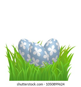 Decorative Easter Eggs Set On Green Grass Border, Isolated On White Background. Vector Illustration Colourful Easter Eggs.