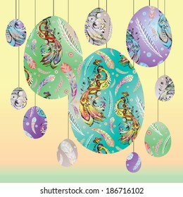 Decorative easter eggs with stylized fire-bird and feathers on colorful background
