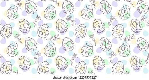 Decorative Easter eggs, twigs, flowers and inflorescences on a white background with multicolored small eggs. Festive endless texture. Vector seamless pattern for festive design, wrapping paper, print