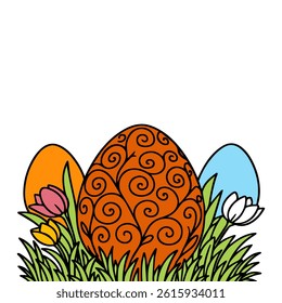 Decorative Easter eggs with vibrant patterns placed among blooming spring flowers and green grass, symbolizing Easter traditions, spring celebrations, and festive joy