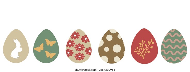 Decorative Easter eggs with vintage patterns featuring rabbits, flowers, and butterflies on a white background. Trendy design with typography, flowers eggs and bunny.